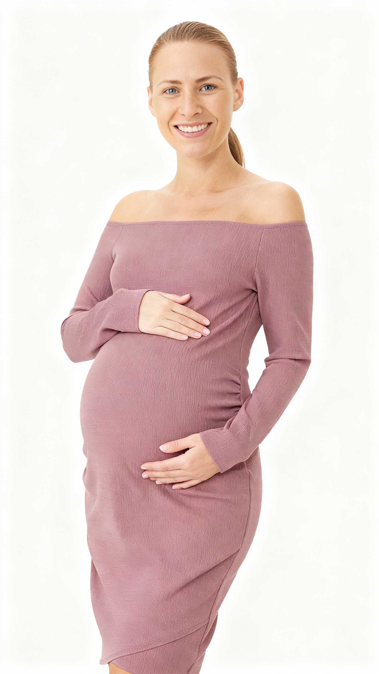Off-Shoulder Maternity Dress – Elegant Stretch & Feminine Draping
