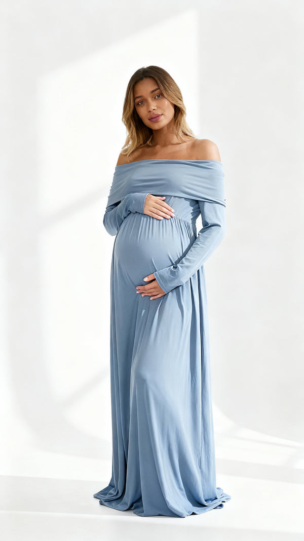 Tiered Ruched Off-Shoulder Maternity Maxi Dress – Flowing, Feminine & Bump-Friendly